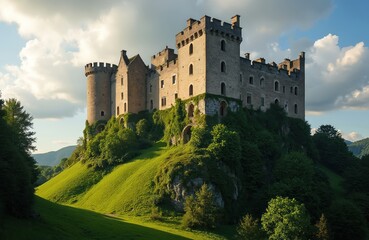 Obraz premium Majestic stone castle perched on green hill under dramatic clouds. Ancient fortress with tall towers, walls overlooks rich valley, distant mountains. Sunny day illuminates historic architecture,