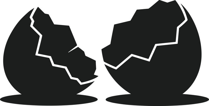 Black silhouette of a broken eggshell on a white background cracked
