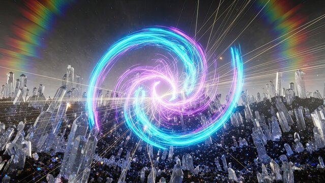 Futuristic cityscape illuminated by vibrant neon light spiral with dynamic energy