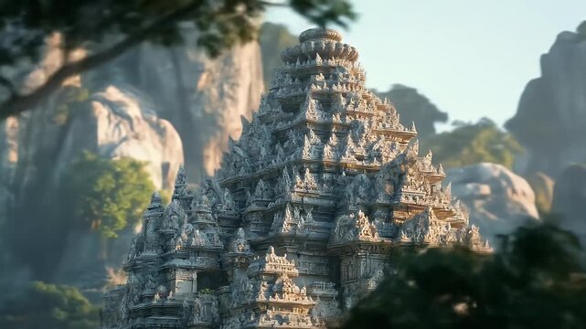Ornate, tiered gray temple against a backdrop of bluffs and trees