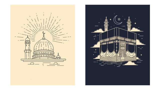 Two distinctive line art illustrations showcasing the Masjid Nabawi mosque with sun rays and the holy Kaaba with a crescent moon and clouds.