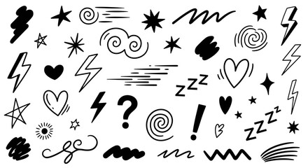 Collection of Hand-Drawn Doodle Elements: Stars, Hearts, Clouds, and Lightning Bolts