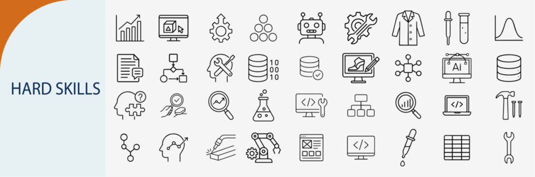 Technical Hard Skills and Professional Expertise Line Icons Set, Vector Illustration