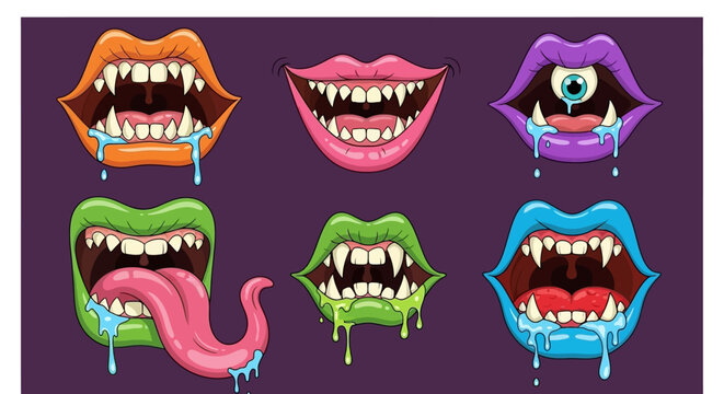 A collection of six cartoon monster mouths with sharp teeth and dripping saliva, in various colors and styles.