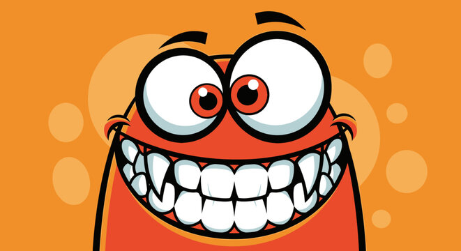 A cartoonish, wide-eyed orange monster with a huge, toothy grin and sharp fangs against an orange background.