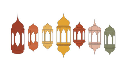 A collection of seven decorative lanterns in various warm colors and intricate designs, displayed in a horizontal line against a white background.