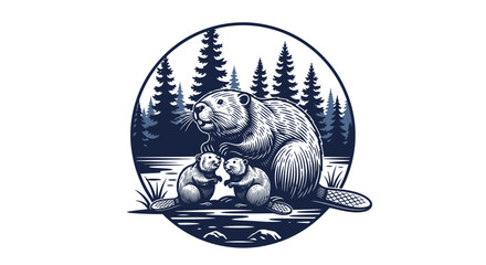 A detailed illustration of a mother beaver with her two young kits nestled beside her in a serene forest pond setting. © Zesika