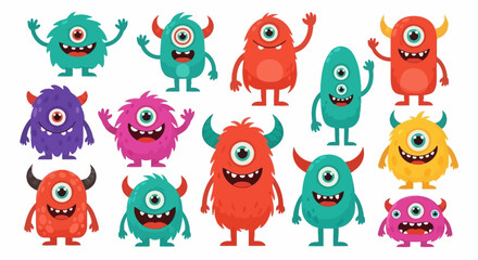 Fototapeta premium A collection of colorful, cartoonish, one-eyed monsters with horns and arms raised in a playful manner.
