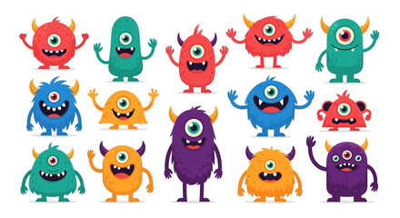 Obraz premium A vibrant collection of cute, cartoonish, one-eyed monsters in various colors and shapes, with some having horns and multiple eyes.