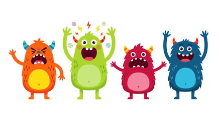 A group of four colorful, cartoonish monsters with different expressions and open mouths, standing side-by-side against a white background. © Zesika