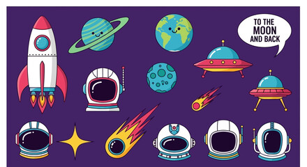 A collection of cute cartoon space-themed illustrations including rockets, astronauts, planets, and UFOs on a purple background. © Zesika