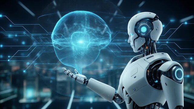Robot interacts with a futuristic digital brain in a high-tech laboratory setting from a close-up viewpoint