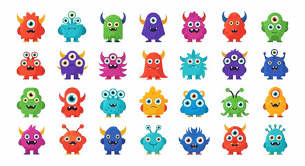 A vibrant collection of 30 unique, cartoonish, and friendly monsters with diverse features and colors, arranged in a grid. © Zesika