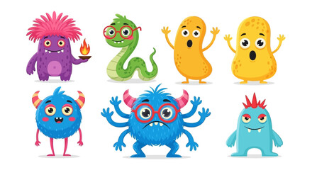 A collection of seven colorful and whimsical cartoon monsters with various expressions and features, set against a white background.