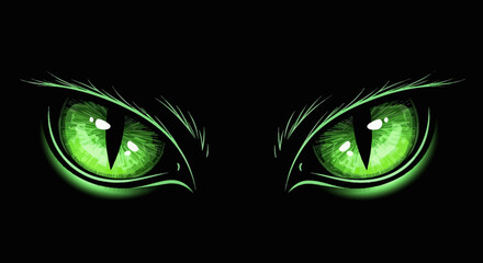 Intense glowing green cat eyes with vertical pupils staring out from a dark black background. © Zesika