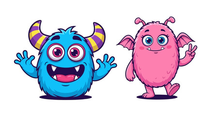 Cute cartoon blue and pink monsters with friendly expressions on a white background, perfect for children's themes. © Zesika
