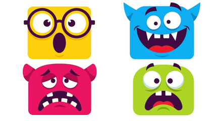 Fototapeta premium Four colorful cartoon monster faces expressing different emotions like surprise, happiness, sadness, and fear, isolated on a white background.