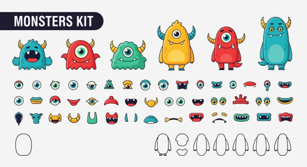 Cartoon monster character creation kit with various body parts, eyes, mouths, and horns for custom design. © Zesika