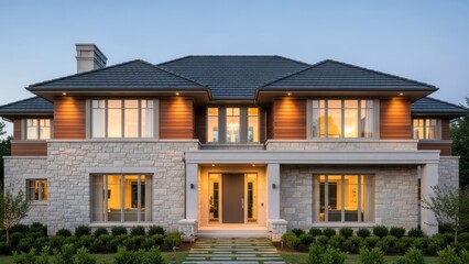 Obraz premium Modern Two-Story Stone and Wood Home With Elegant Front Entrance and Landscaping