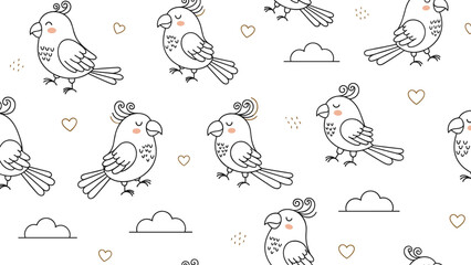 Obraz premium Delightful seamless pattern featuring cute cartoon parrots, fluffy clouds, and scattered hearts, ideal for children's designs.
