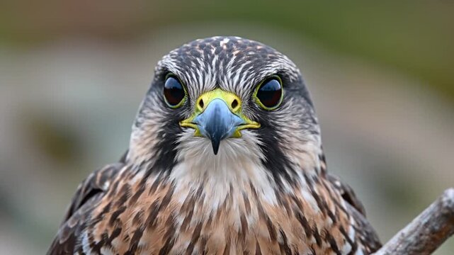 Close-up portrait of a Merlin falcon's intense gaze, showcasing its sharp features and keen eyesight