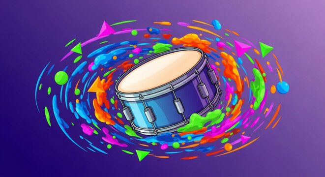 Blue Drum Surrounded by Colorful Confetti on Purple Background
