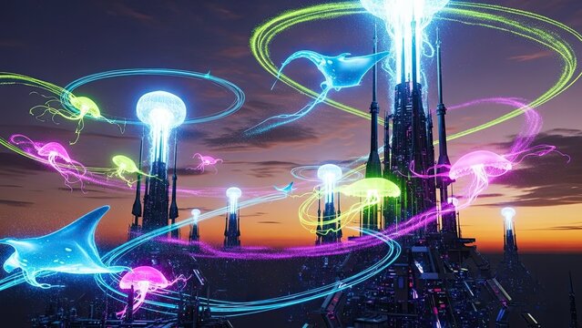 Futuristic cityscape illuminated by vibrant neon lights and bioluminescent aquatic life forms at