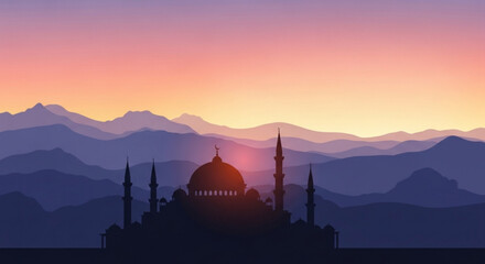 Obraz premium Mosque Silhouette at Sunset with Mountains in the Background