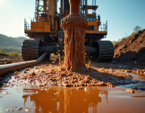 Heavy machinery pumps muddy fluid from earth during drilling operation. Extraction equipment moves dirt and slurry for resource development project. Energy exploration in progress.