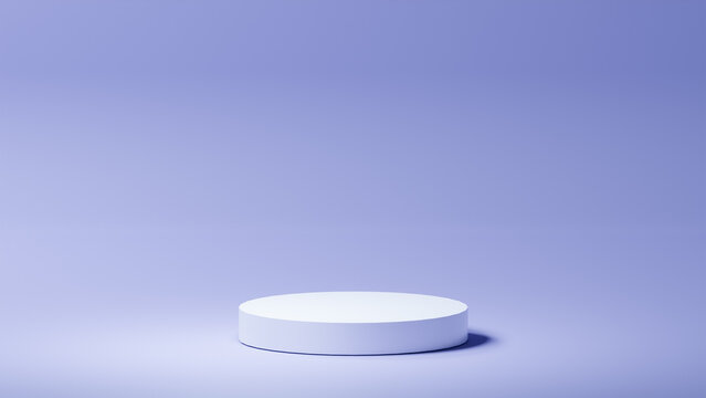 A clean horizontal periwinkle blue background featuring a product placement on an isolated white rounded base, utilizing a consistent periwinkle blue and white color palette