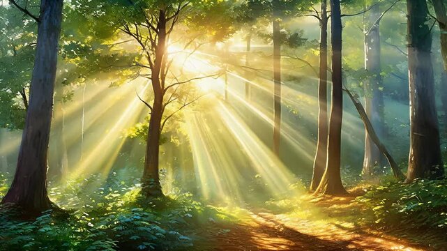 Sunlight filtering through the trees in the forest