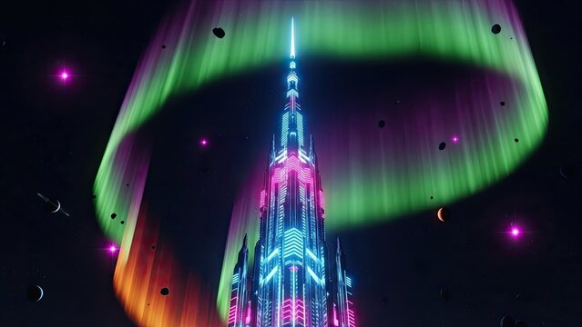 Futuristic cityscape illuminated by vibrant neon lights under a celestial sky with auroras and