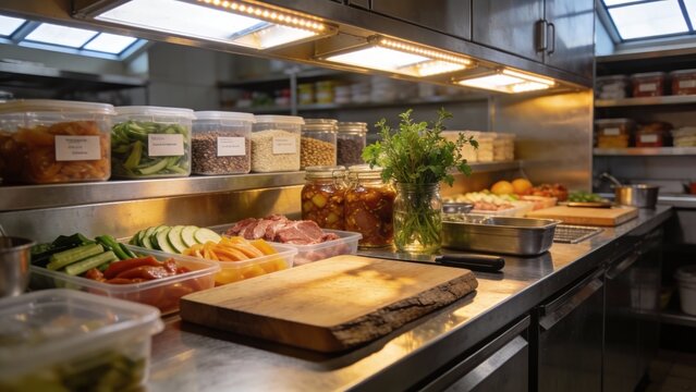 Professional restaurant prep station in stainless kitchen, fresh vegetables and deli meats on cutting board for mise en place, busy service mood for catering and food safety