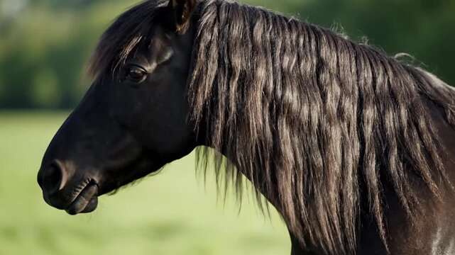 Majestic black horse in a close-up portrait, highlighting its striking dark coat and long, flowing mane against a soft green background, embodying natural beauty and equine grace