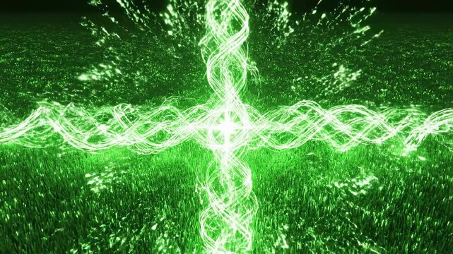 Seamless loop of abstract energetic green and white light trails dynamically swirling and forming playful patterns over a textured digital grass field background dynamic, conceptual art, technology