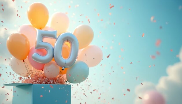 Fifty balloons float from open gift box against sky with confetti. Pastel colors create festive atmosphere for milestone birthday party. Celebratory event theme.