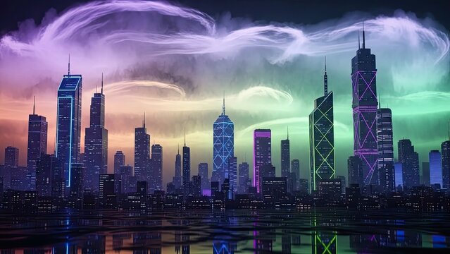 Futuristic cityscape illuminated by vibrant neon lights under mysterious colorful clouds at night