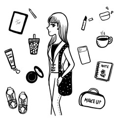 Vector illustration set of a fashion woman enjoying a cup of coffee and tea alongside a collection of women's things doodles