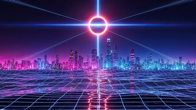 Futuristic cityscape illuminated by vibrant neon lights with cosmic horizon and grid pattern