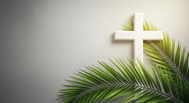 Easter sunday celebration with white cross and palm leaves