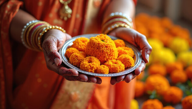 Indian woman holds plate with marigold flowers. Hands wear bangles and henna. Orange sari. Marigolds used for rituals, decor, and celebrations like Diwali, Navaratri, weddings.