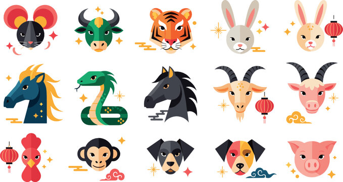 Cute Chinese Zodiac Animal Face Illustration Set with Mouse, Ox, Tiger, Rabbit, Dragon, Snake, Horse, Goat, Monkey, Rooster, Dog, Pig Icons