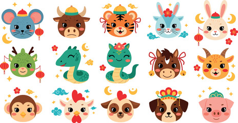 Obraz premium Cute Chinese Zodiac Animal Faces Illustration Set with Kawaii Mouse, Ox, Tiger, Rabbit, Dragon, Snake, Horse, Goat, Monkey, Rooster, Dog, Pig