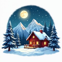 Naklejka premium Cozy red log cabin sits nestled in snowy mountain landscape under bright full moon. Pine trees dusted with snow surround cabin. Falling snowflakes create winter night scene.