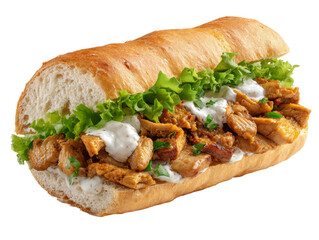 Delicious sandwich filled with meat, fresh greens, and a creamy sauce Isolated Transparent Background, PNG