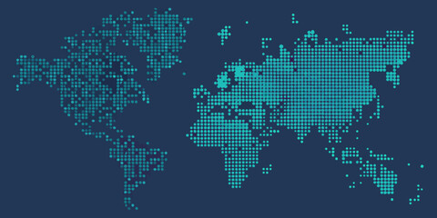 A pixelated world map illustration with a teal color scheme