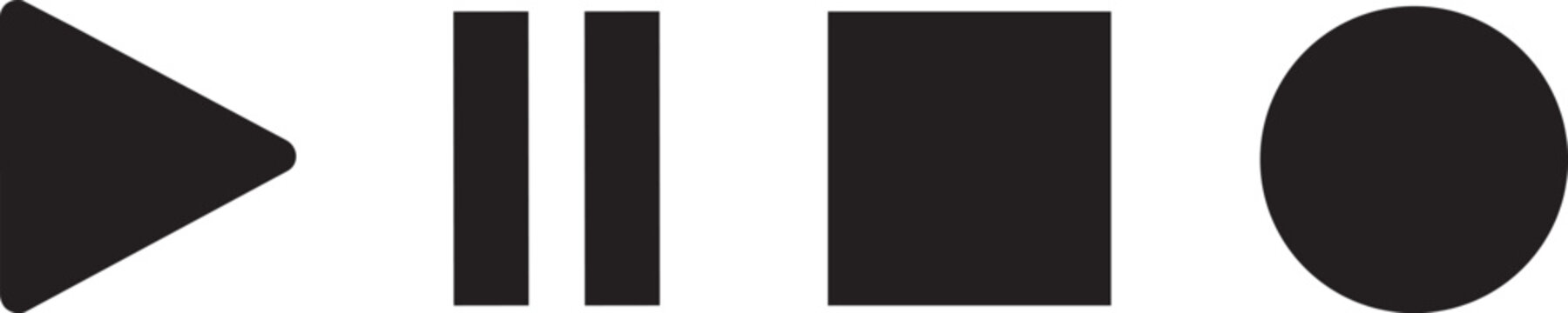 Black geometric shapes icons set, play button, pause button, square, circle, for website, app, UI, or presentation, isolated on transparent background, png