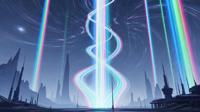 Futuristic cityscape illuminated by vibrant neon spiral and laser beams with towering skyscrapers
