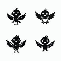 Obraz premium Cute Black and White Cartoon Bird Vector Illustrations Set for Logo Design.