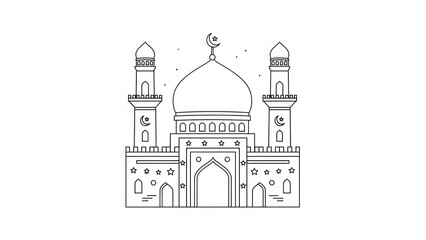 Fototapeta premium Islamic Mosque Architecture Outline Drawing, Minimalist Muslim Place of Worship Icon